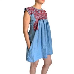 Vintage Chambray Short Cross-Stitched Dress Smock